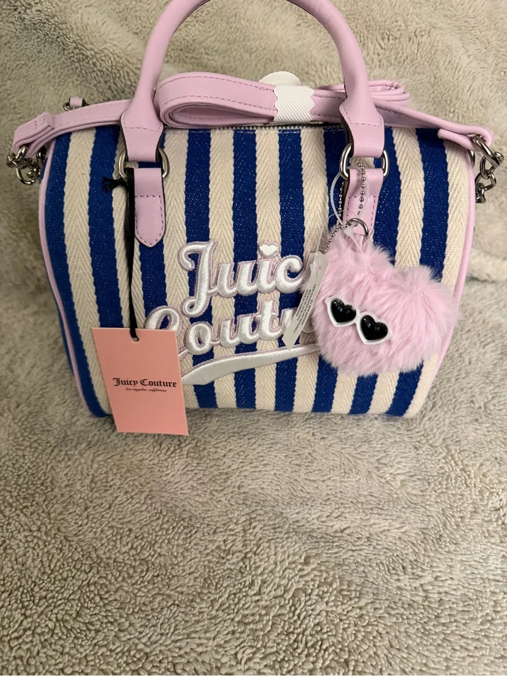Juicy Couture Blue & Pink Striped Satchel with Pink Fur Pom